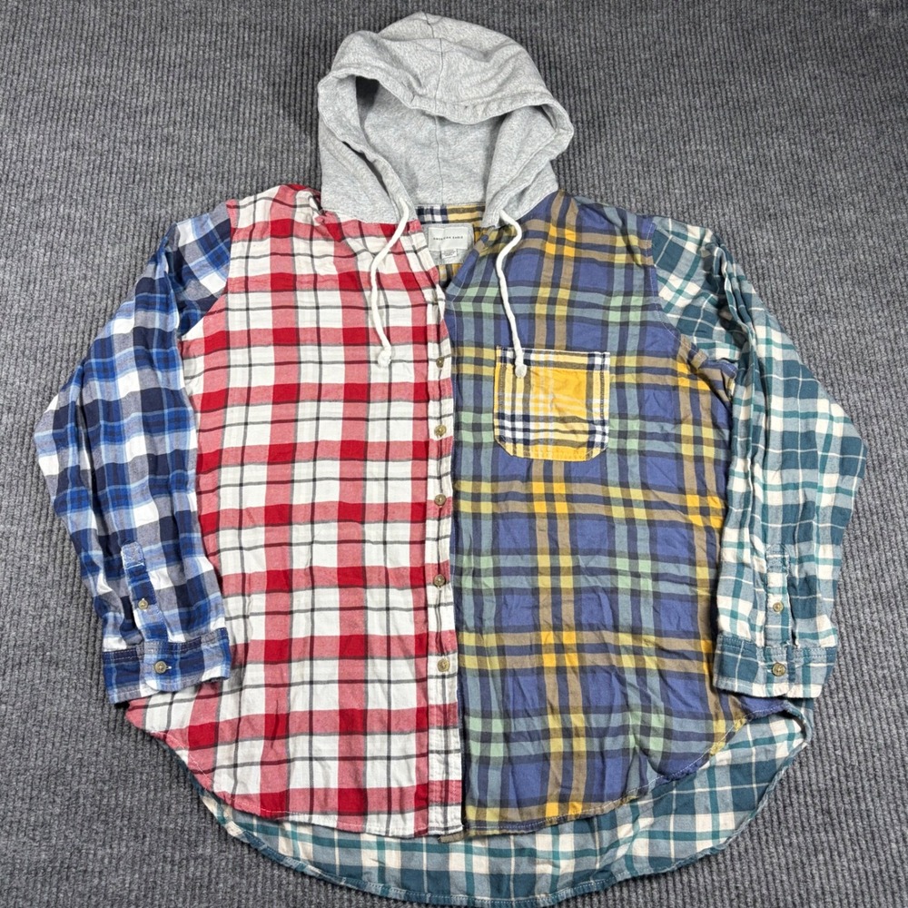 American Eagle Flannel Mens XL Colorblock Plaid Hooded Shirt Patchwork